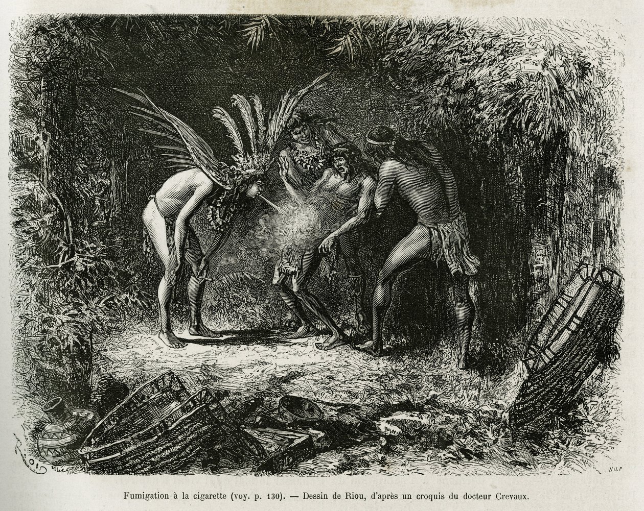 Fumigation médicale avec des cigarettes chez les Indiens Roucouyan (illustration de l