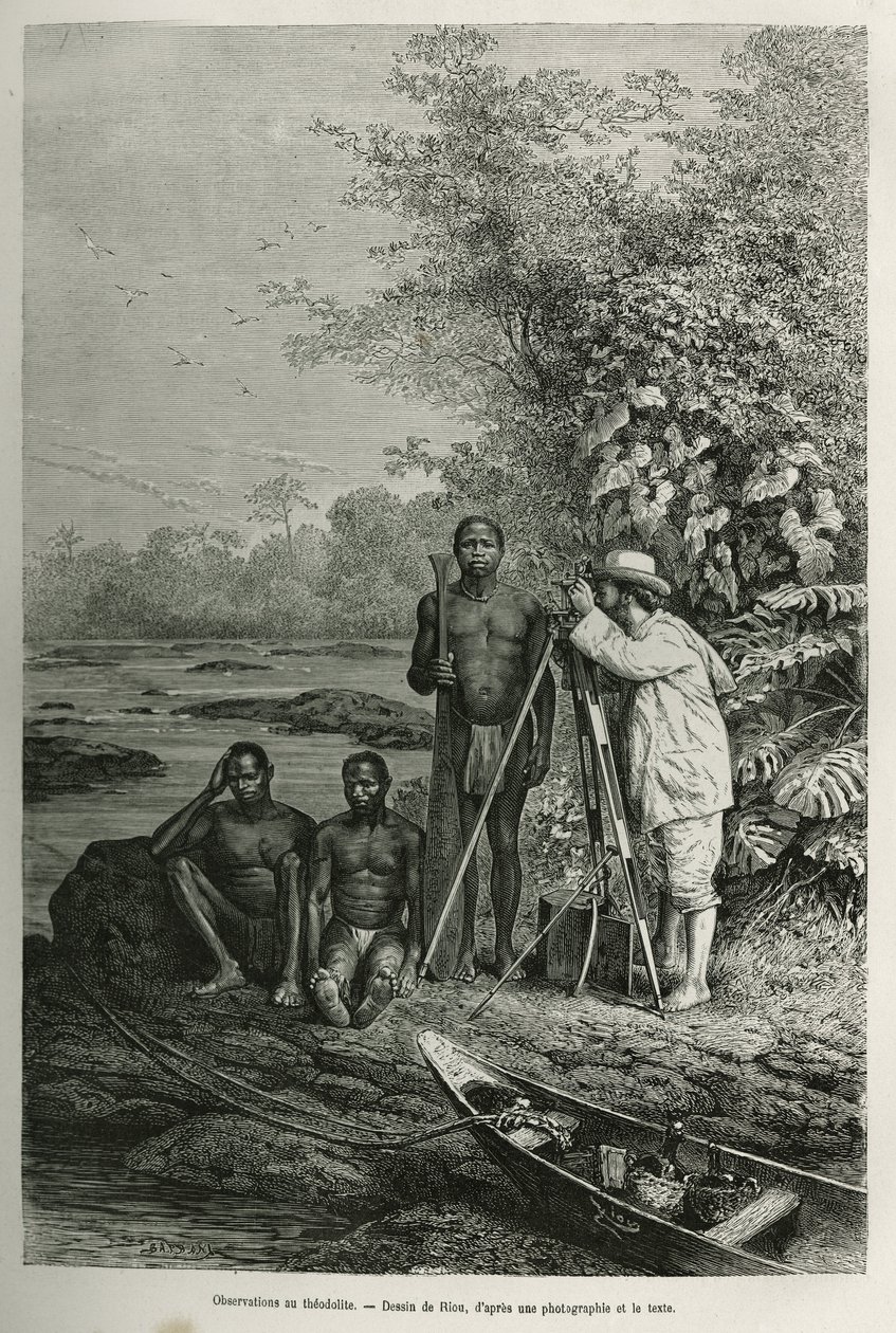 Observation au théodolite, Dr. Crevaux avec ses instruments de mesure et son équipe de guides et porteurs, en pleine séance de travail (illustration de l