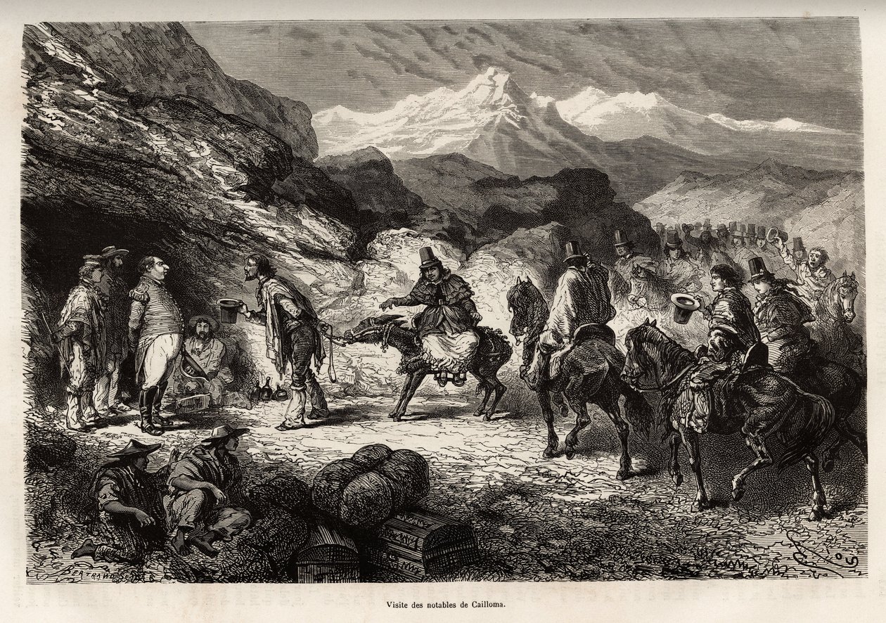 P.Marcoy retrouve un ami, devenu colonel de génie et posté dans une grotte près du lac de Cailloma, ensemble ils reçoivent la visite des notables de la ville, gravé d