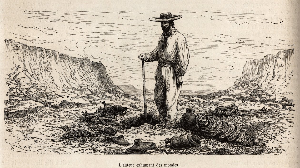 Paul Marcoy exhumant des momies incas (Bas Pérou), gravure de E.Riou illustrant le voyage dans les montagnes, la vallée de Huarancalqui et les régions de Pjonal, 1862-1863, par Paul Marcoy, publié dans "Le tour du monde" 1875 - Edouard Riou