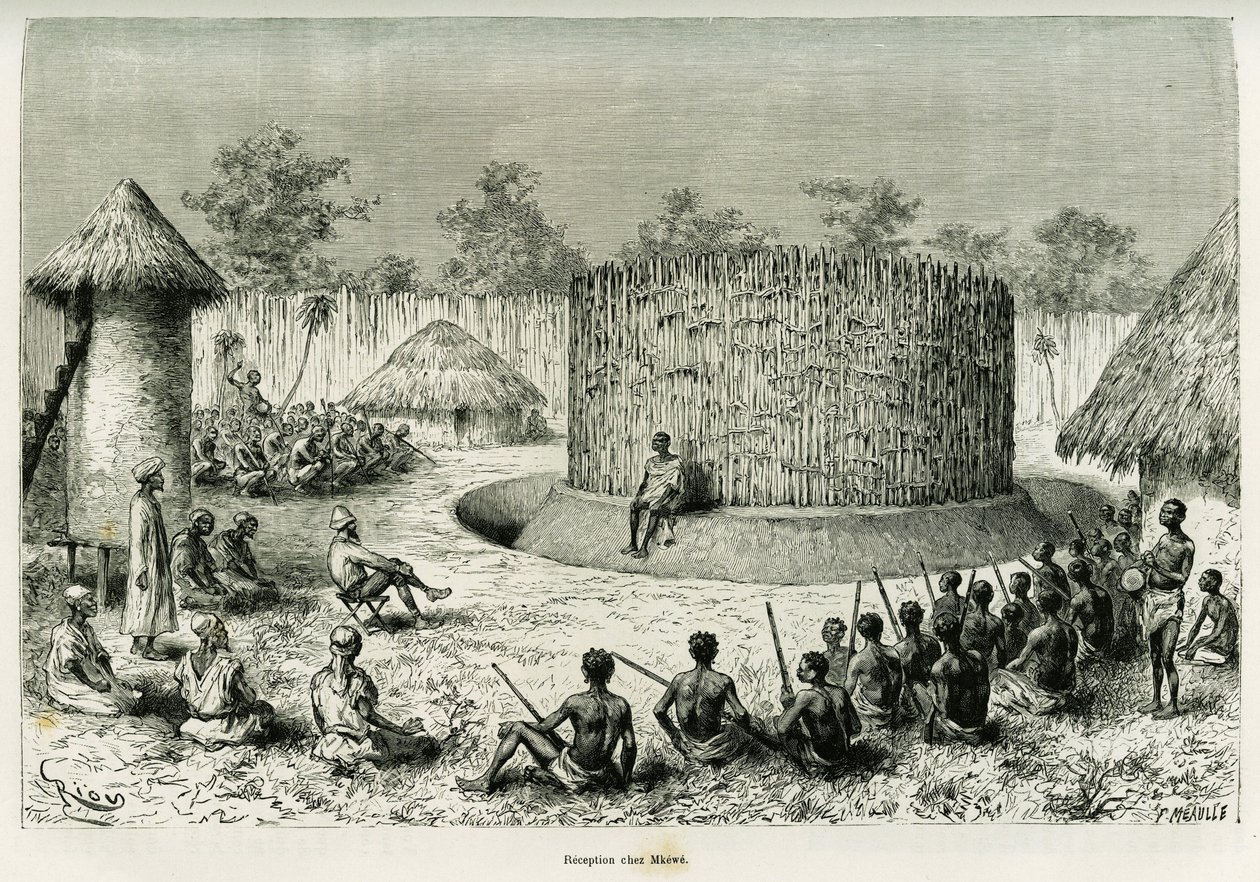 Réception chez Mkwewe, chef de tribu, avec le narrateur. Gravure de Riou pour illustrer le récit Les lacs de l