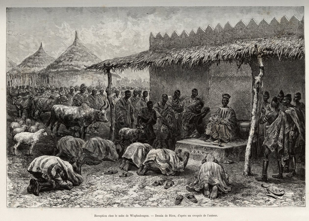 Réception chez le naba Sanem, du royaume Mossi (ou Mossé) de Waghadougou (Ouagadougou, Burkina Faso). Gravure de Riou, pour illustrer l