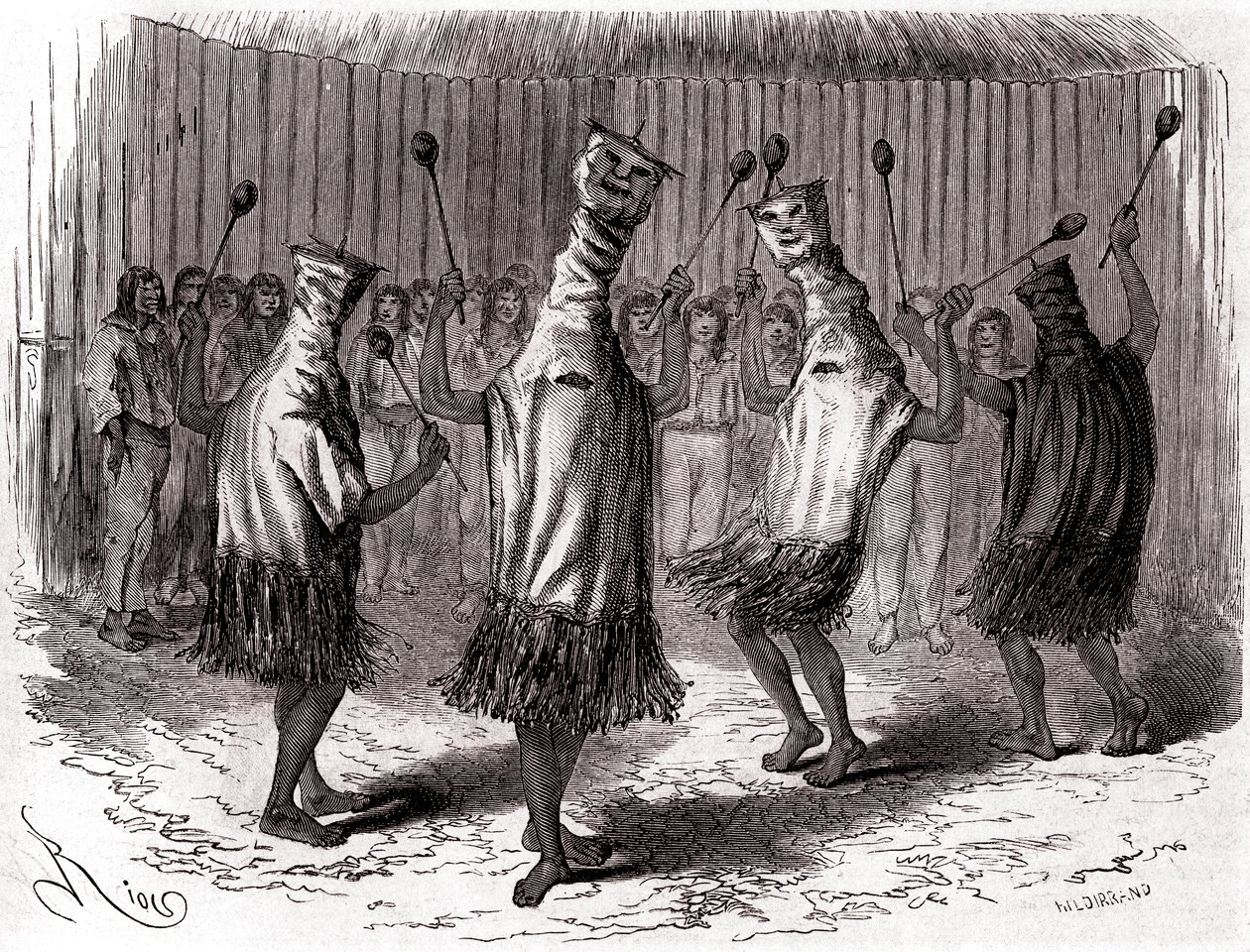Danse rituelle des Indiens Ticuna du Pérou portant des déguisements et des masques - Edouard Riou