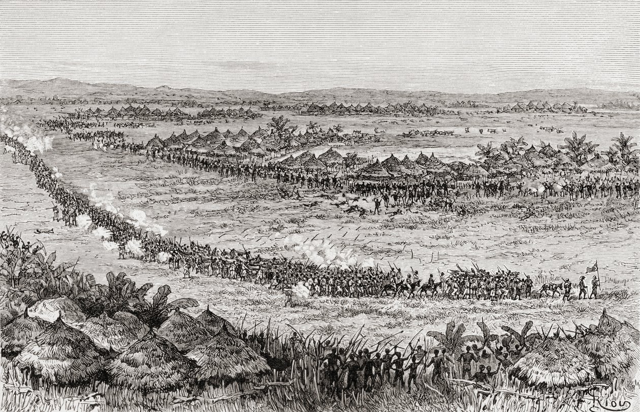 Sir Henry Morton Stanley et ses hommes menacés par des indigènes Sukuma, 1890 (gravure sur bois) - Edouard Riou