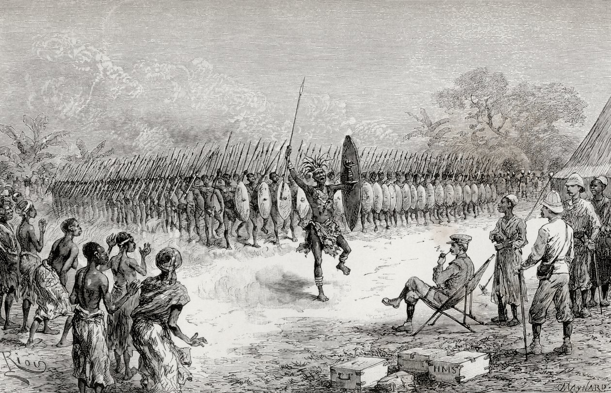 Sir Henry Morton Stanley regardant une danse phalange par les guerriers de Mazamboni à Usiri, 1890 (gravure sur bois) - Edouard Riou