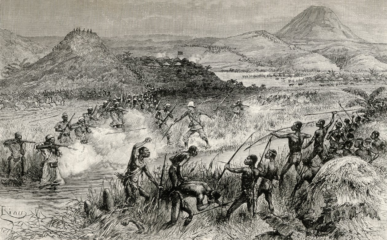 Première rencontre de Sir Henry Morton Stanley avec le peuple Mazamboni, 1890 (gravure sur bois) - Edouard Riou