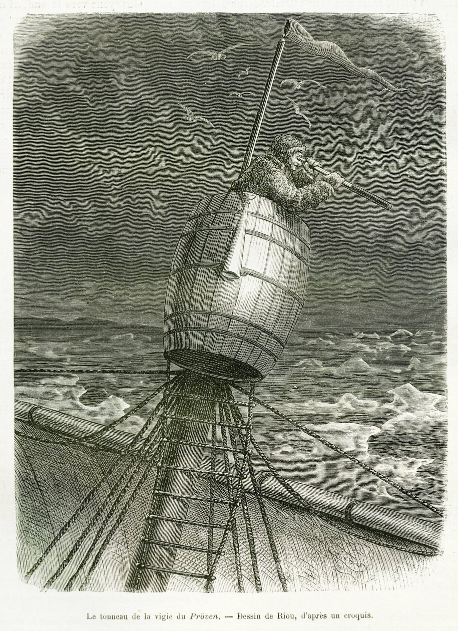 Le tonneau de la vigie du bateau Proven. Gravure pour illustrer l