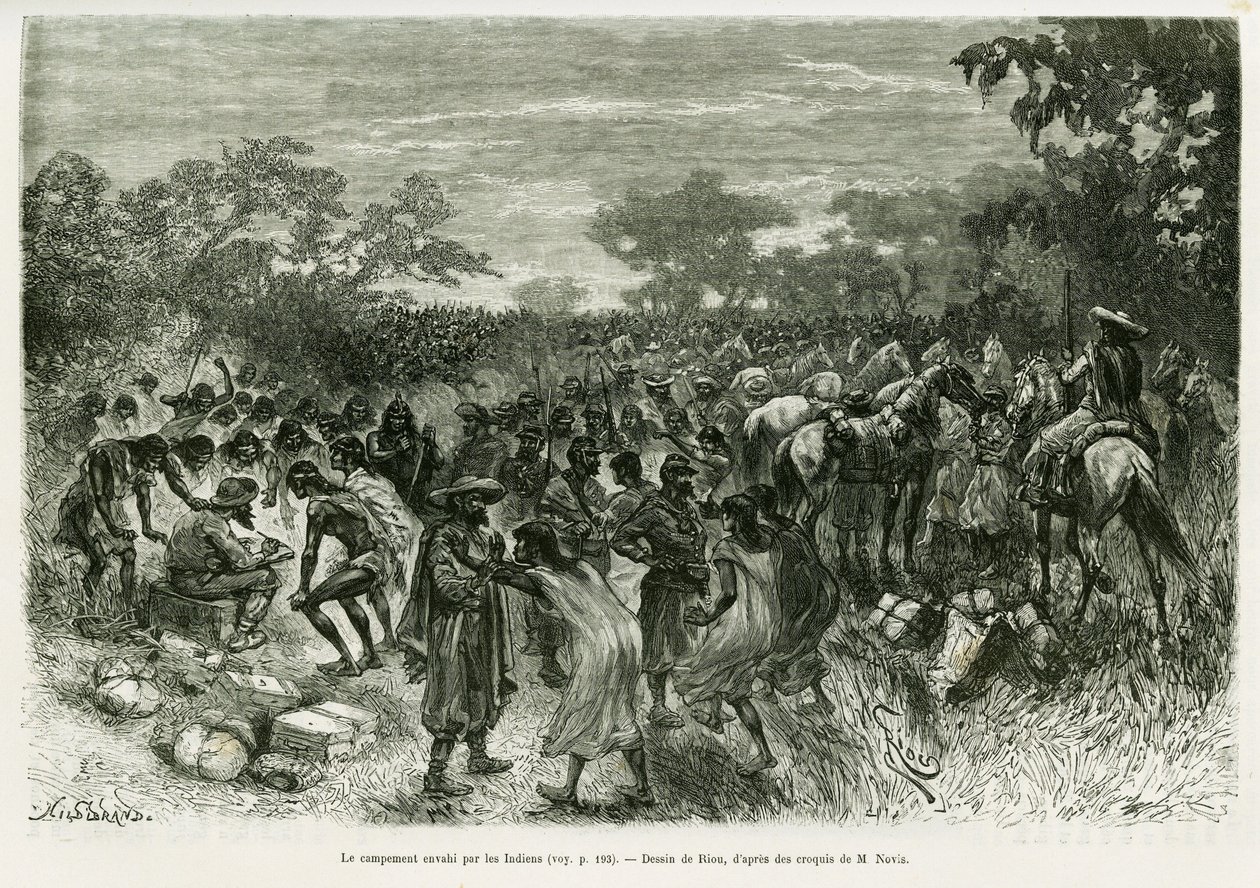 Le camp envahi par les Indiens. Gravure pour illustrer l