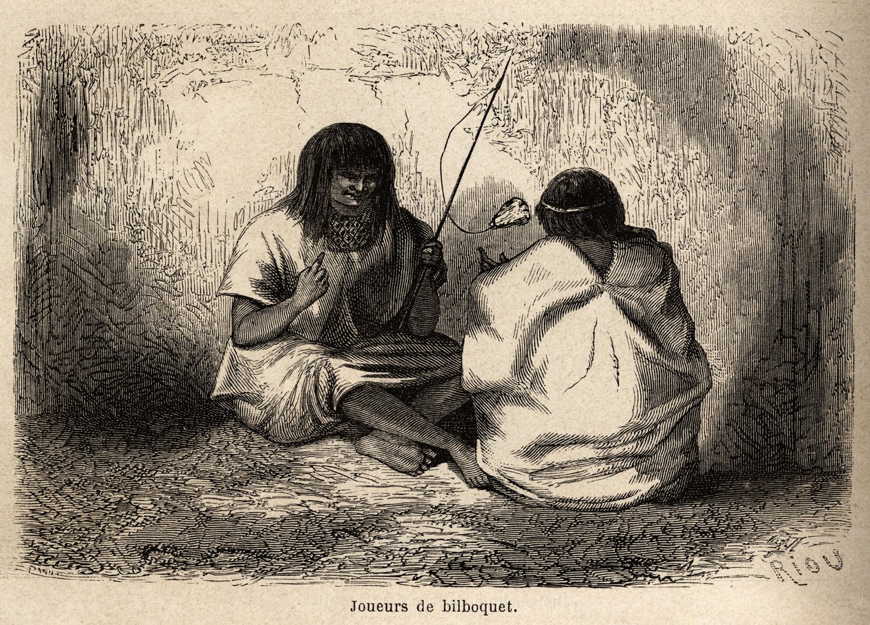 Le jeu du bilboquet, avec une tête de tortue, parmi les Indiens Conibos du Pérou, dessin de Riou pour illustrer le voyage de P. Marcoy de 1848 à 1860, de l
