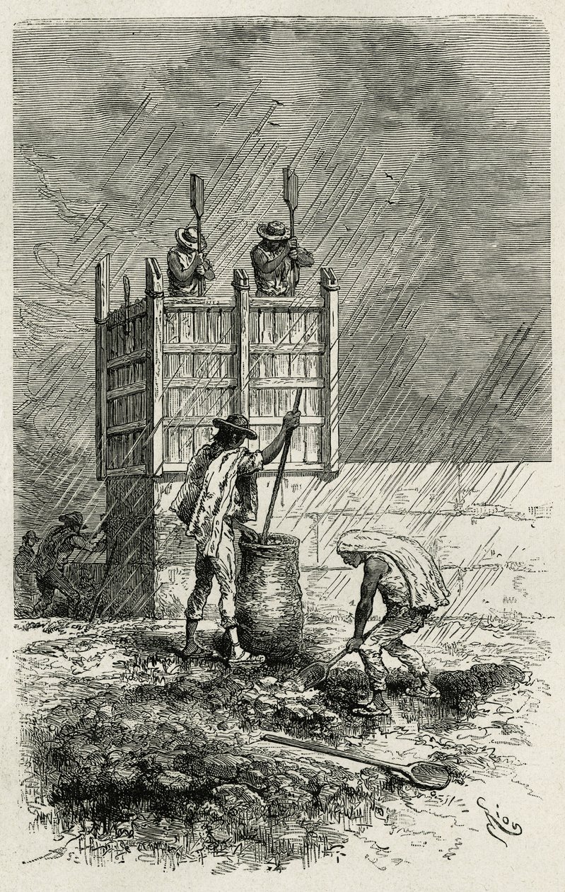 Le tapial, une ancienne technique de construction de murs en argile utilisant un coffrage en bois, compacté par bourrage et séché au soleil, gravure par Riou, pour illustrer l