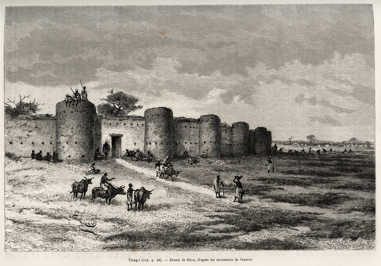 La ville de Tiong-Gi (Tiong Gi, Mali), avec ses fortifications et ses tours en argile. Gravure pour illustrer l