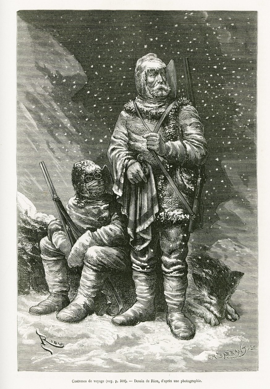 La tenue de voyage du lieutenant Payer et du lieutenant Weyprecht, plusieurs épaisseurs de vêtements pour lutter contre les bourrasques de neige, une veste en cuir rétractable pour protéger le visage du gel, des bottes et des mitaines en voile et flanelle  - Edouard Riou
