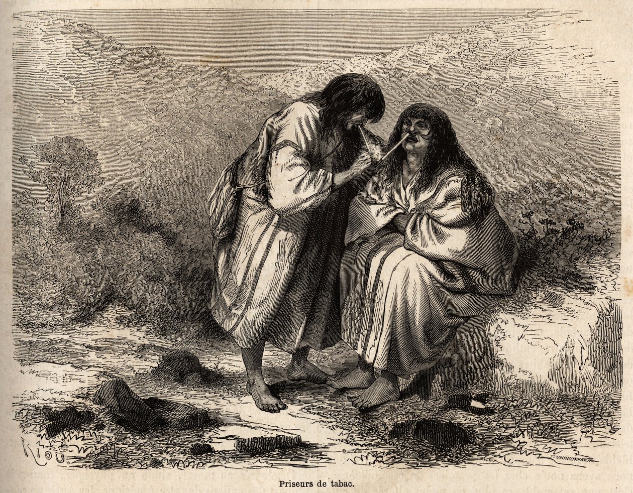 Vendeurs de tabac, maquillés selon la tradition de la tribu des Antis (Pérou), dessin de Riou, illustrant le voyage de Paul Marcoy de l