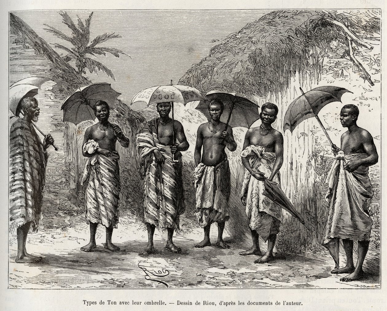 Type de ton avec leur parapluie. Gravure de Riou, pour illustrer le récit « Du Niger au Golfe de Guinée » par le Capitaine Louis Gustave Binger (1856-1936), en 1887-1889, dans Le Tour du monde, nouveau journal des voyages, sous la direction d