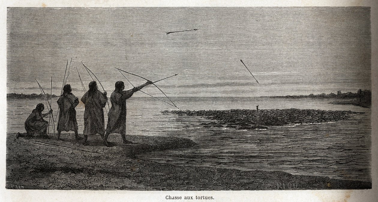 Chasse à la tortue, parmi les Indiens Conibos du Pérou, dessin par Riou pour illustrer le voyage, de 1848 à 1860, de P. Marcoy, de l