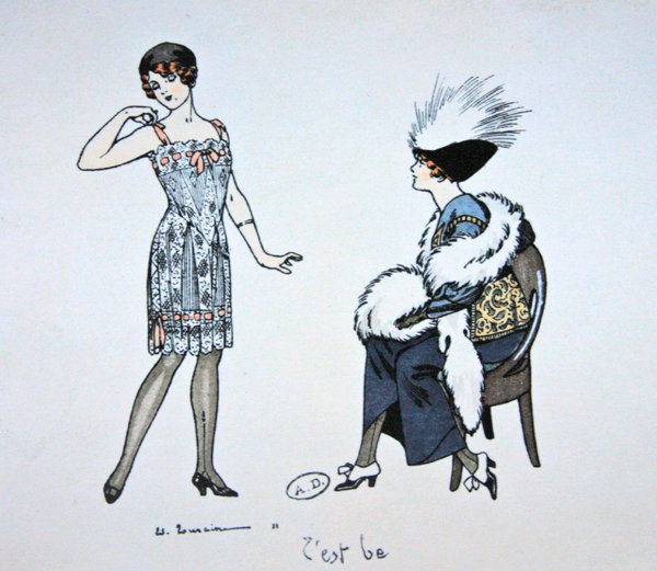 Mannequin montrant une combinaison à un client, c.1912 - Edouard Touraine