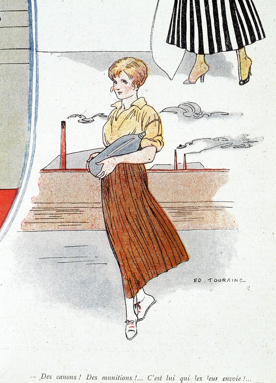 Femme fabriquant des munitions pour la guerre 1914-1918. « Camions ! munitions ! Il les envoie ! » Dans « Baïonnette », le 25/11/1915 (gravure) - Edouard Touraine