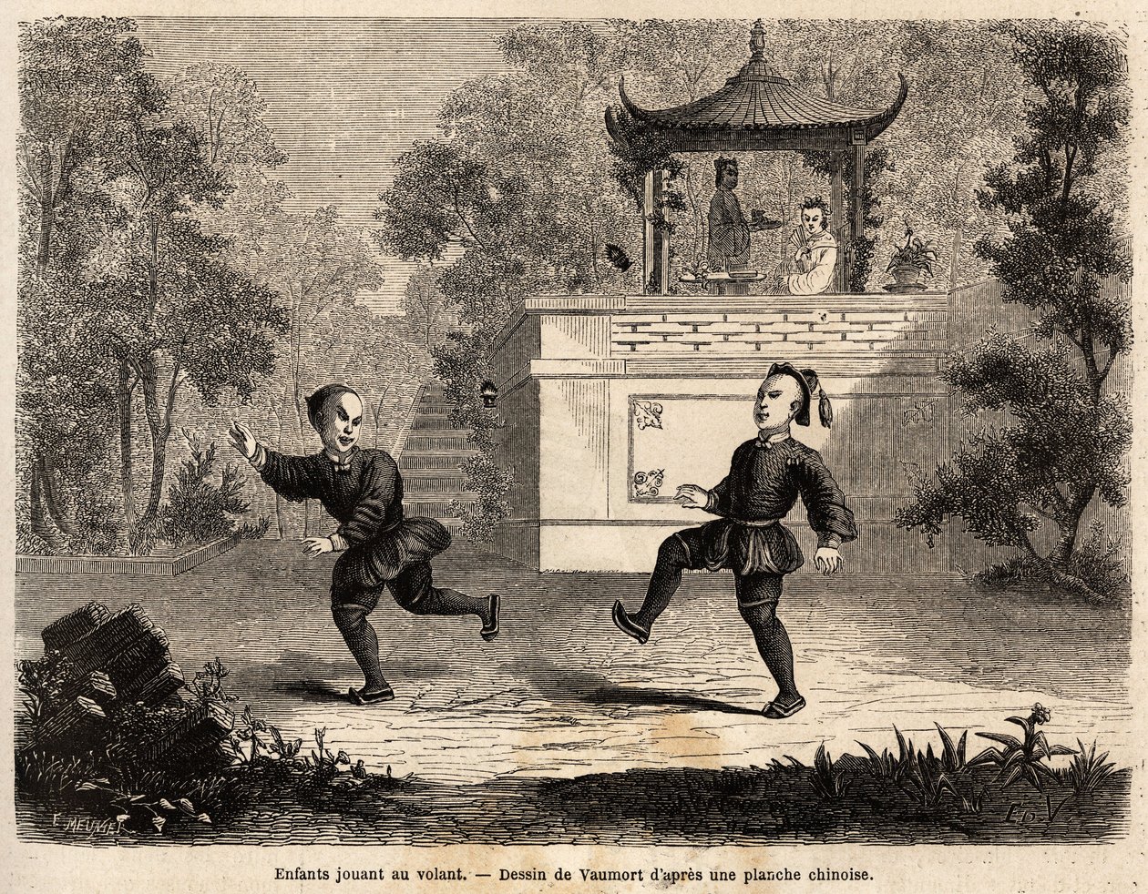 Enfants chinois jouant à la roue sous la supervision de leur mère, dessin de Vaumort, pour illustrer le voyage de Shanghai à Moscou, de 1859 à 1862, de M. de Bourboulon - Edouard Vaumort