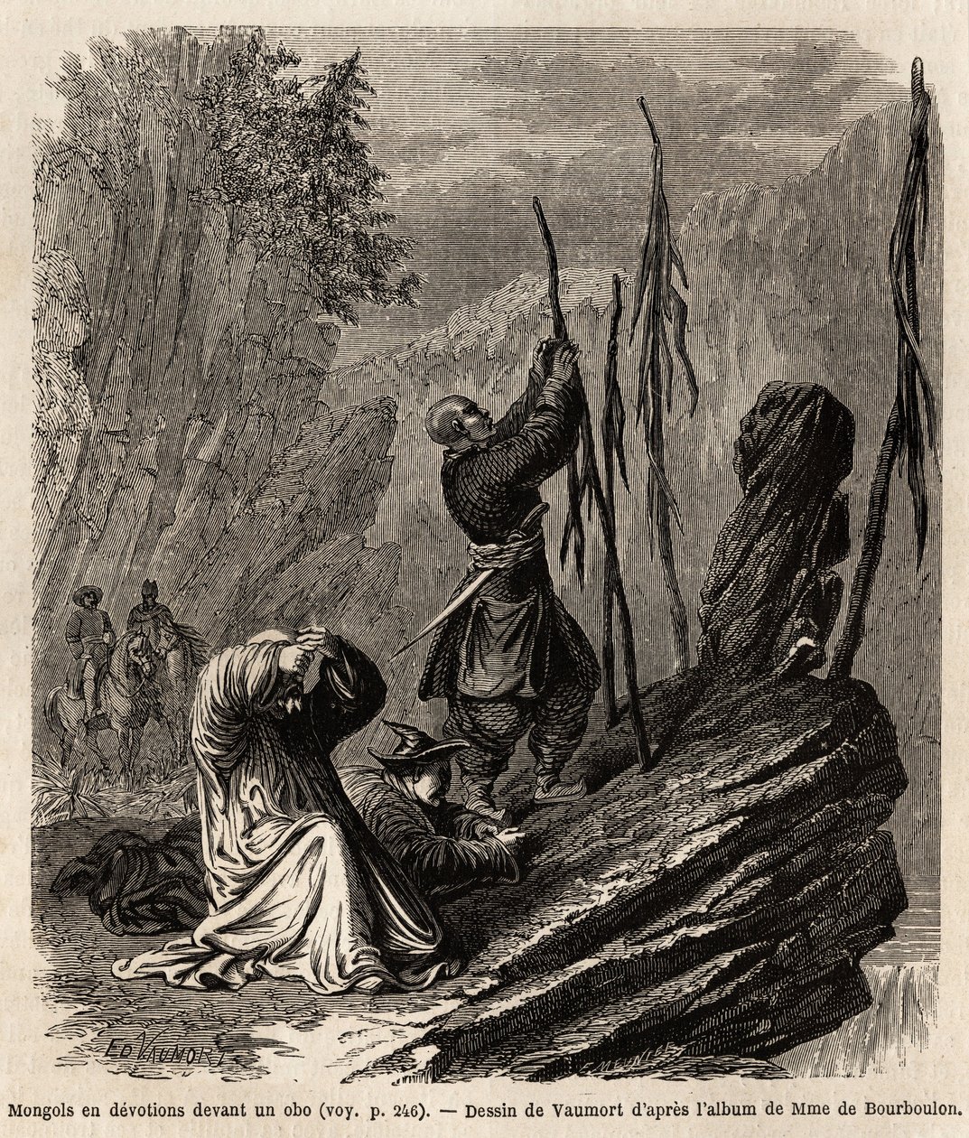 Les Mongols en dévotion à un obo, près des montagnes Bakka et Mongolie, dessin de Vaumort (? -1886) pour illustrer le voyage de Shanghai à Moscou, de 1859 à 1862, de M. de Bourboulon, ministre français en Chine. Gravure dans « Le tour du monde », édité par - Edouard Vaumort