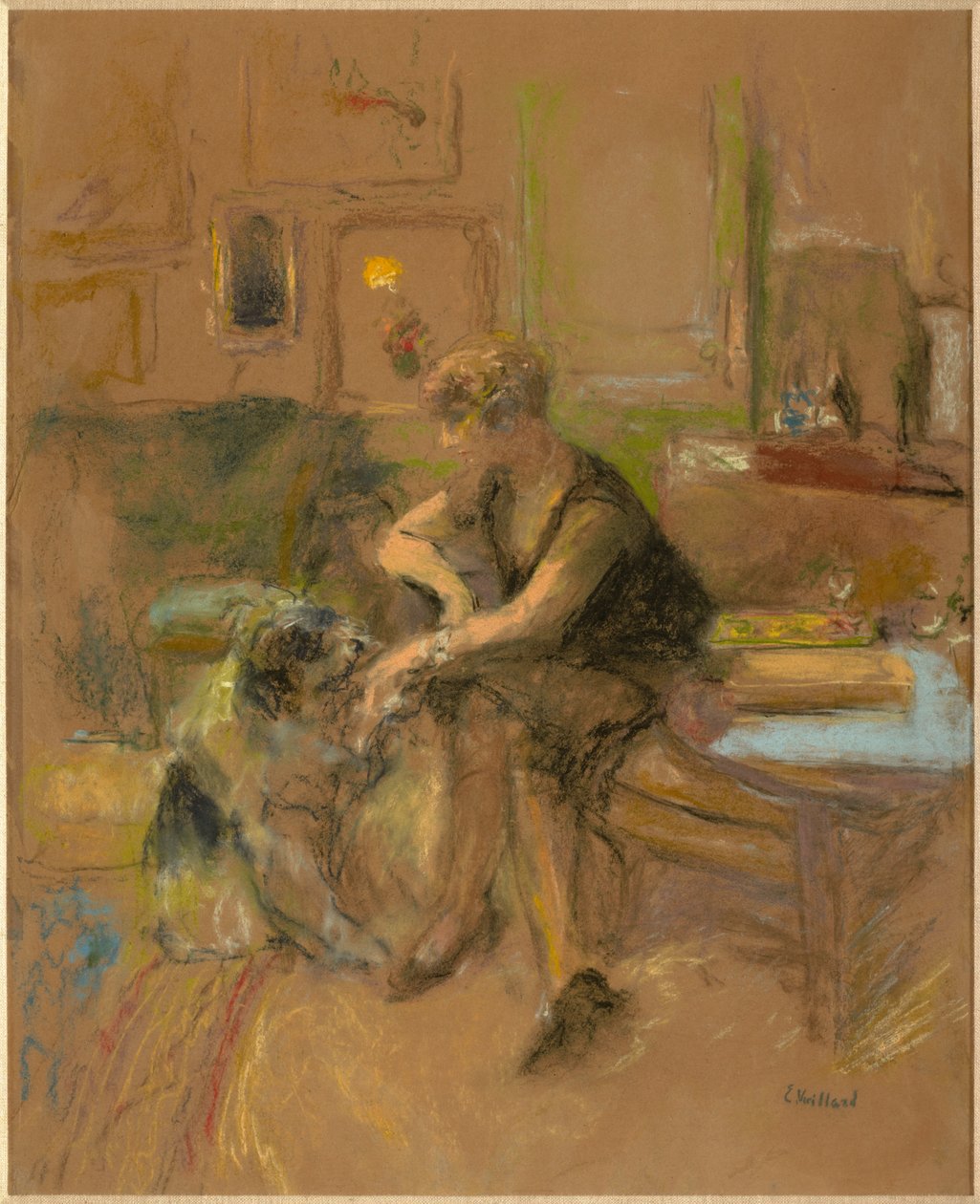 Gabrielle Jonas jouant avec un chien - Edouard Vuillard