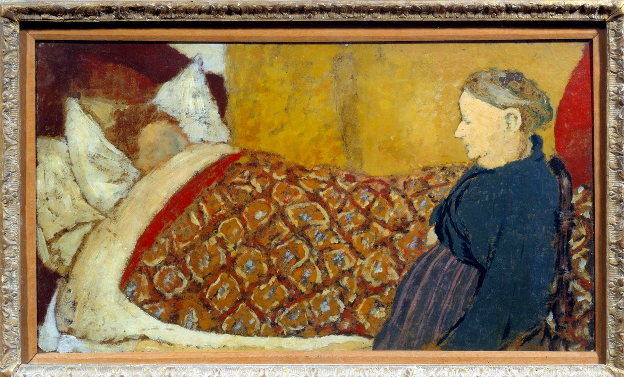 La berceuse Une grand-mère chante une berceuse ou raconte une histoire à un enfant pour dormir. Carton marouflé sur panneau de bois par Édouard Vuillard - Edouard Vuillard