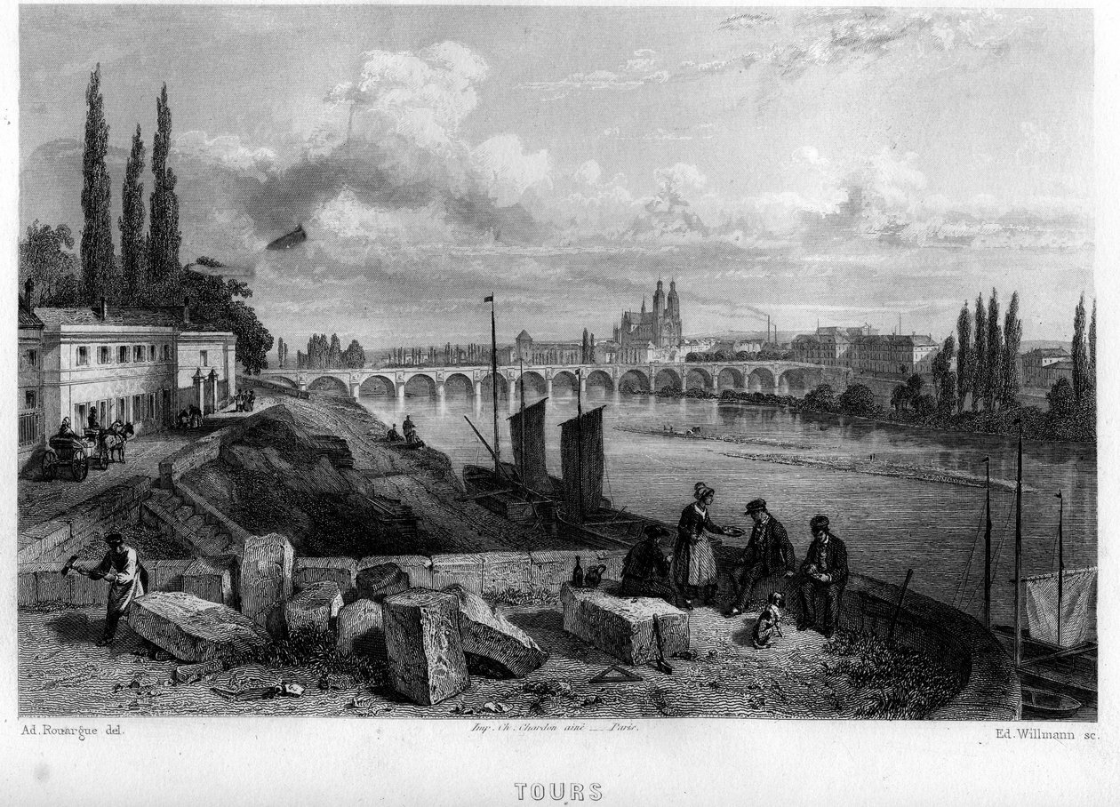 Vue de la ville de Tours, Indre-et-Loire, Centre, France. Gravure par Willmann dans "La France ancienne et moderne" par Jean-Bernard Mary-Lafon - Edouard Willmann