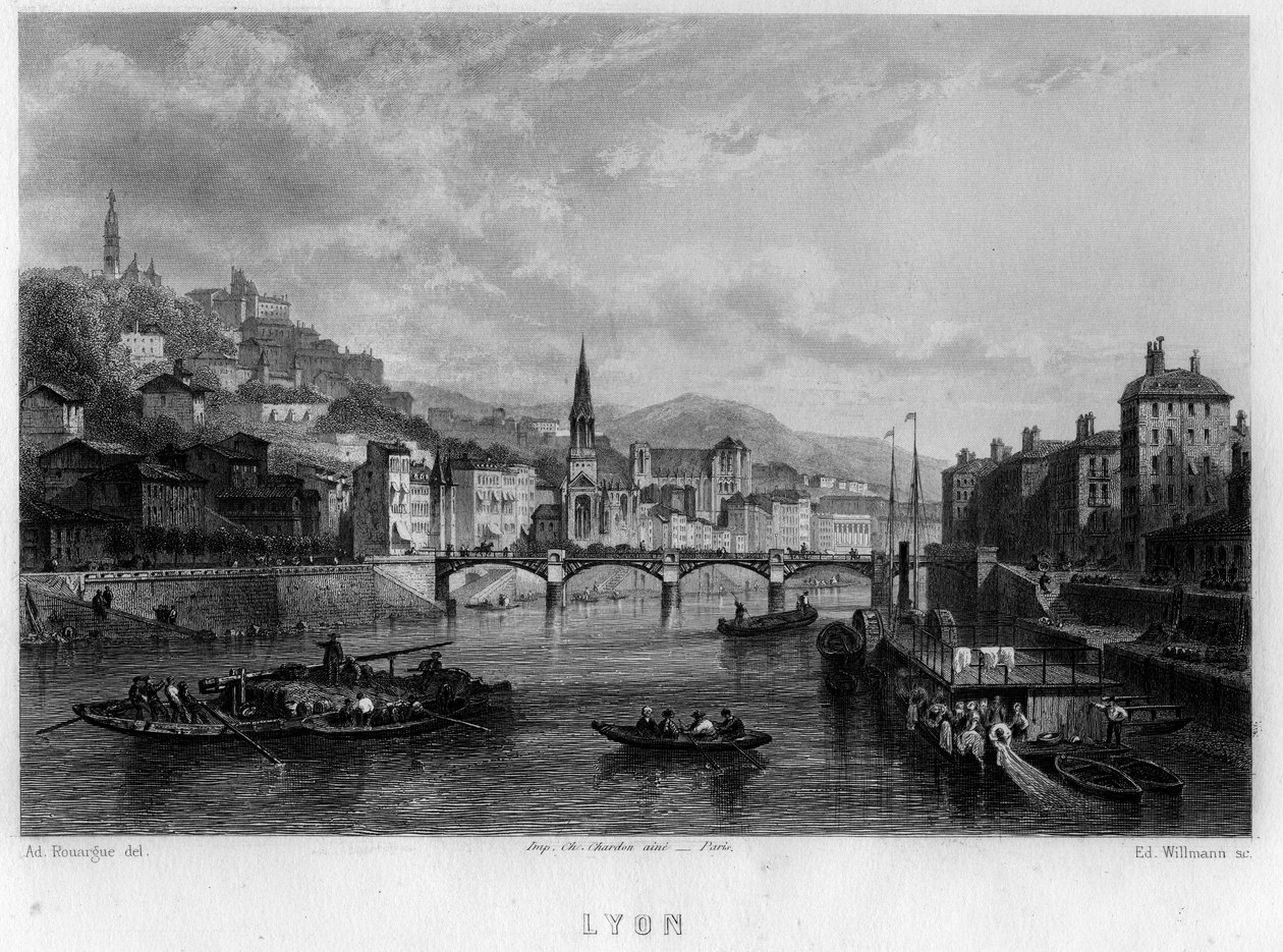 Vue de la ville de Lyon, département du Rhône, région Rhône-Alpes, France. Gravure par Willmann dans « La France ancienne et moderne » de Jean-Bernard Mary-Lafon - Edouard Willmann