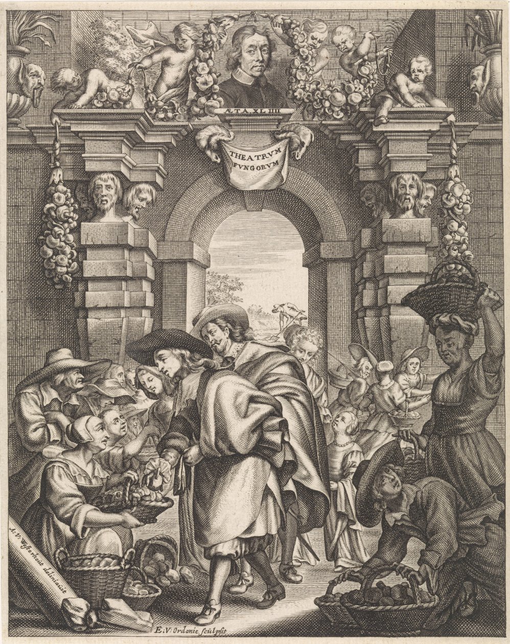 Deux hommes achètent des champignons au marché - Edouard van Ordonie