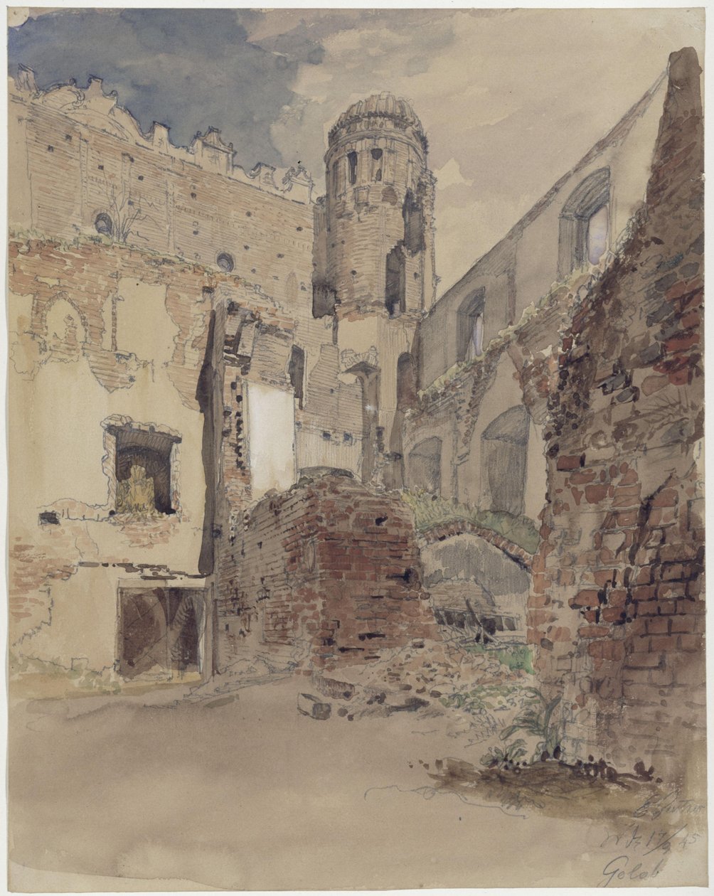 Ruines du château à Gollub, vue de la cour avec tour - Eduard Gaertner