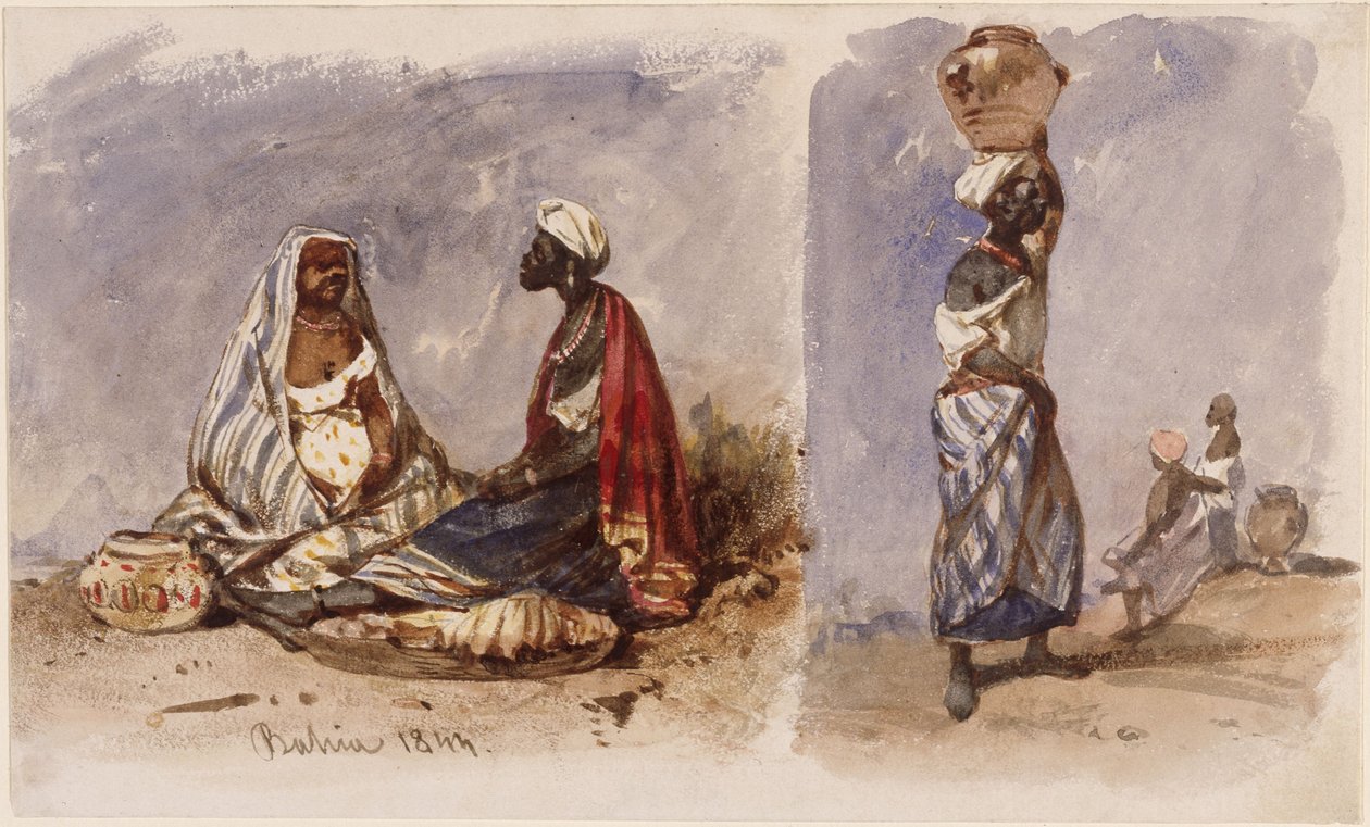 Deux scènes mettant en scène des marchandes de rue de Bahia, assises et debout - Eduard Hildebrandt