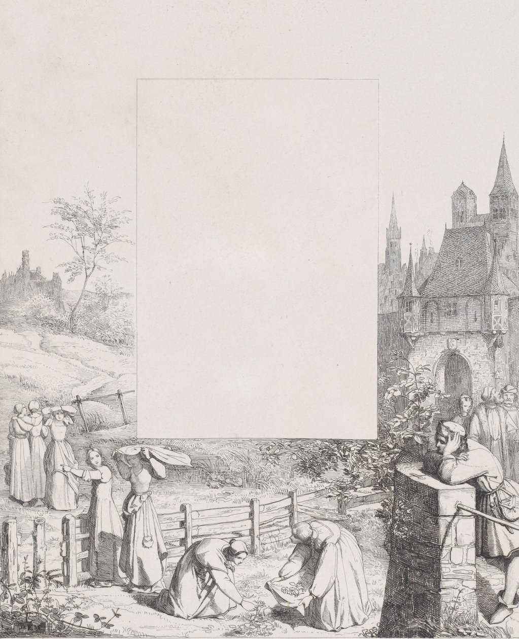 Planche 5 : femmes collectant des plantes et les portant sur leur tête, un homme observant à droite, 1836 - Eduard Julius Friedrich Bendemann