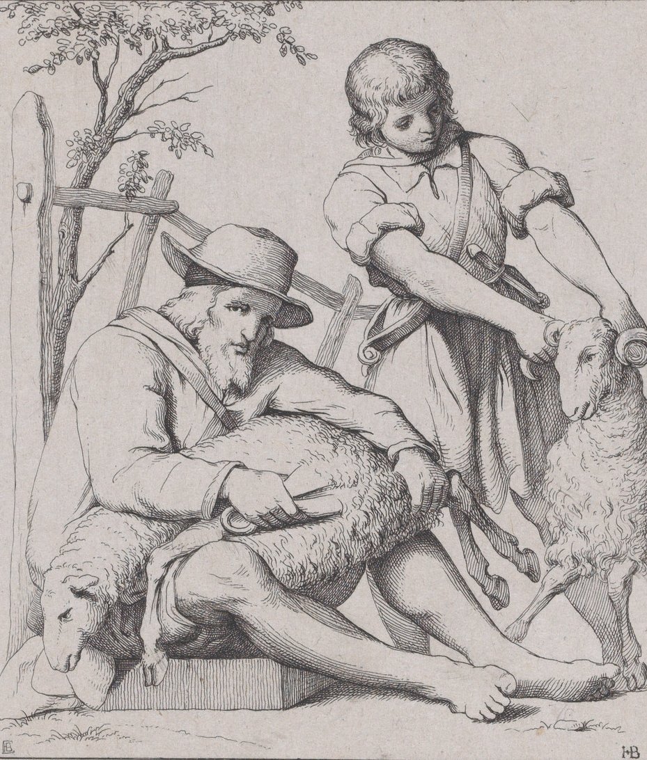 Deux hommes tondant des moutons - Eduard Julius Friedrich Bendemann