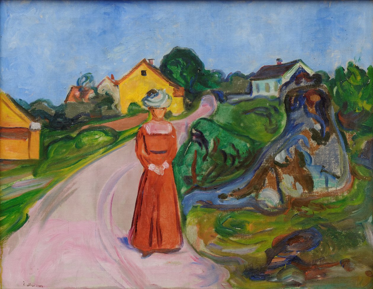 Rue à Åsgårdstrand et femme en robe rouge - Edvard Munch