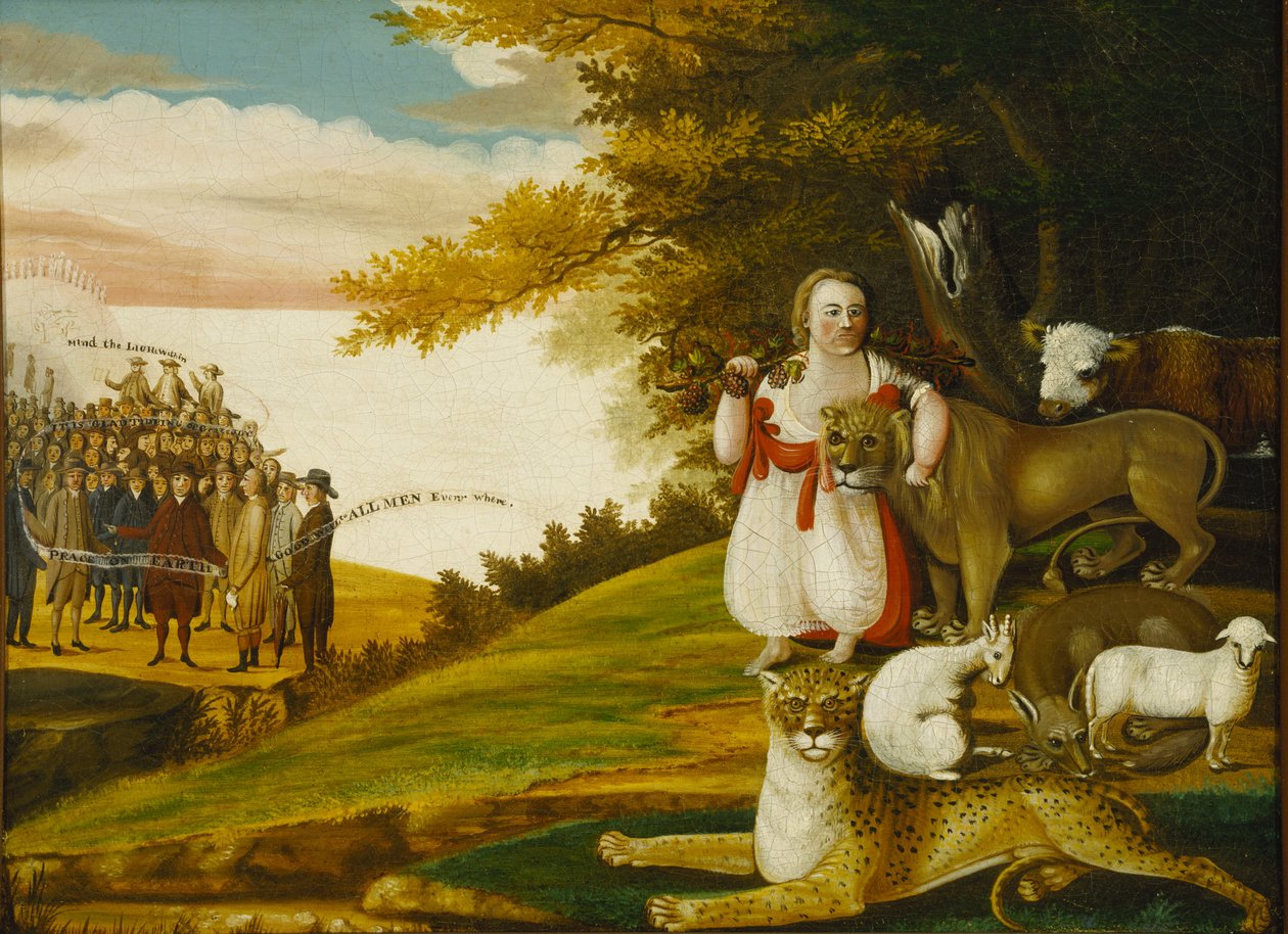 Un royaume paisible avec des Quakers portant des bannières - Edward Hicks