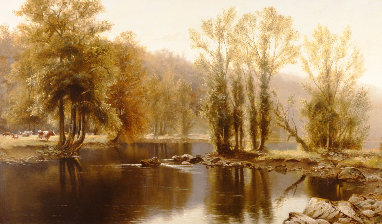 Paysage fluvial étendu avec du bétail - Edward J. Duval