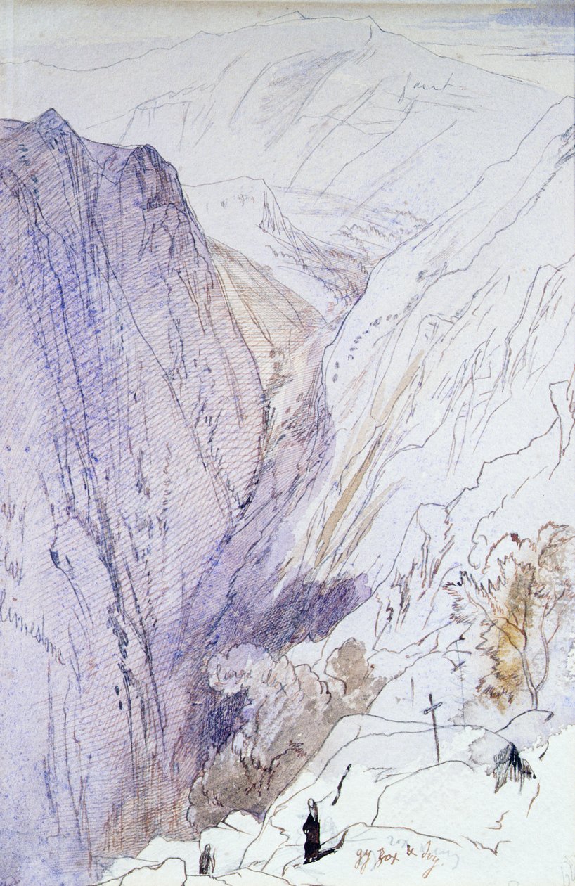 Athos avec des moines au premier plan, 1856 - Edward Lear