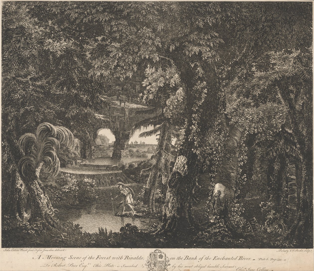 Scène matinale de la forêt avec Rinaldo sur la rive de la rivière enchantée - Edward Rooker