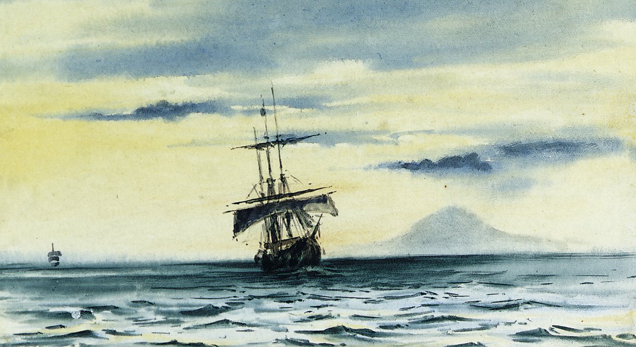 La dernière vue du Mont Discovery : SS. "Morning" et "Terra Nova" suivant le "Discovery" hors du détroit de McMurdo, 19 février 1904 minuit, 1904 - Edward Adrian Wilson