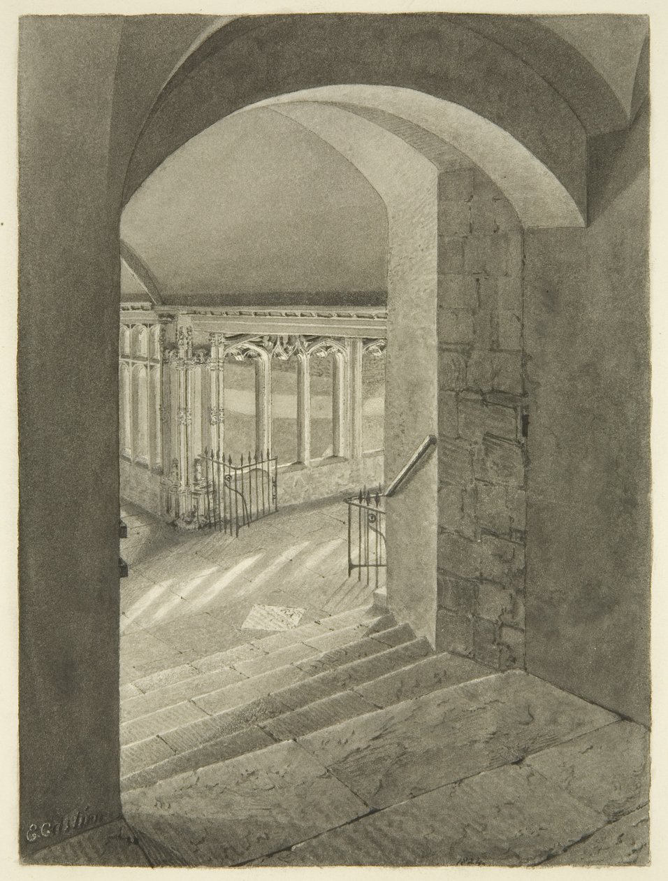 Entrée des cloîtres de la cathédrale de Bristol avec la tombe d