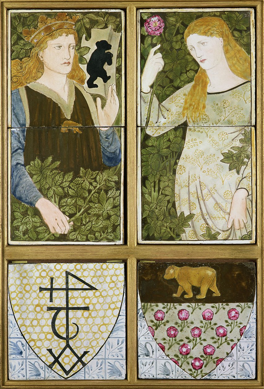 Le Roi Arthur et la Reine Guenièvre, Panneau de Six Carreaux fabriqué par Morris, Marshall, Faulkner & Co. (céramique) - Edward Burne Jones