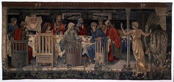 Quête du Saint Graal Tapisseries, Panneau 1, Chevaliers de la Table Ronde appelés à la quête par la Damoiselle Étrange, 1898-1899 - Edward Burne Jones
