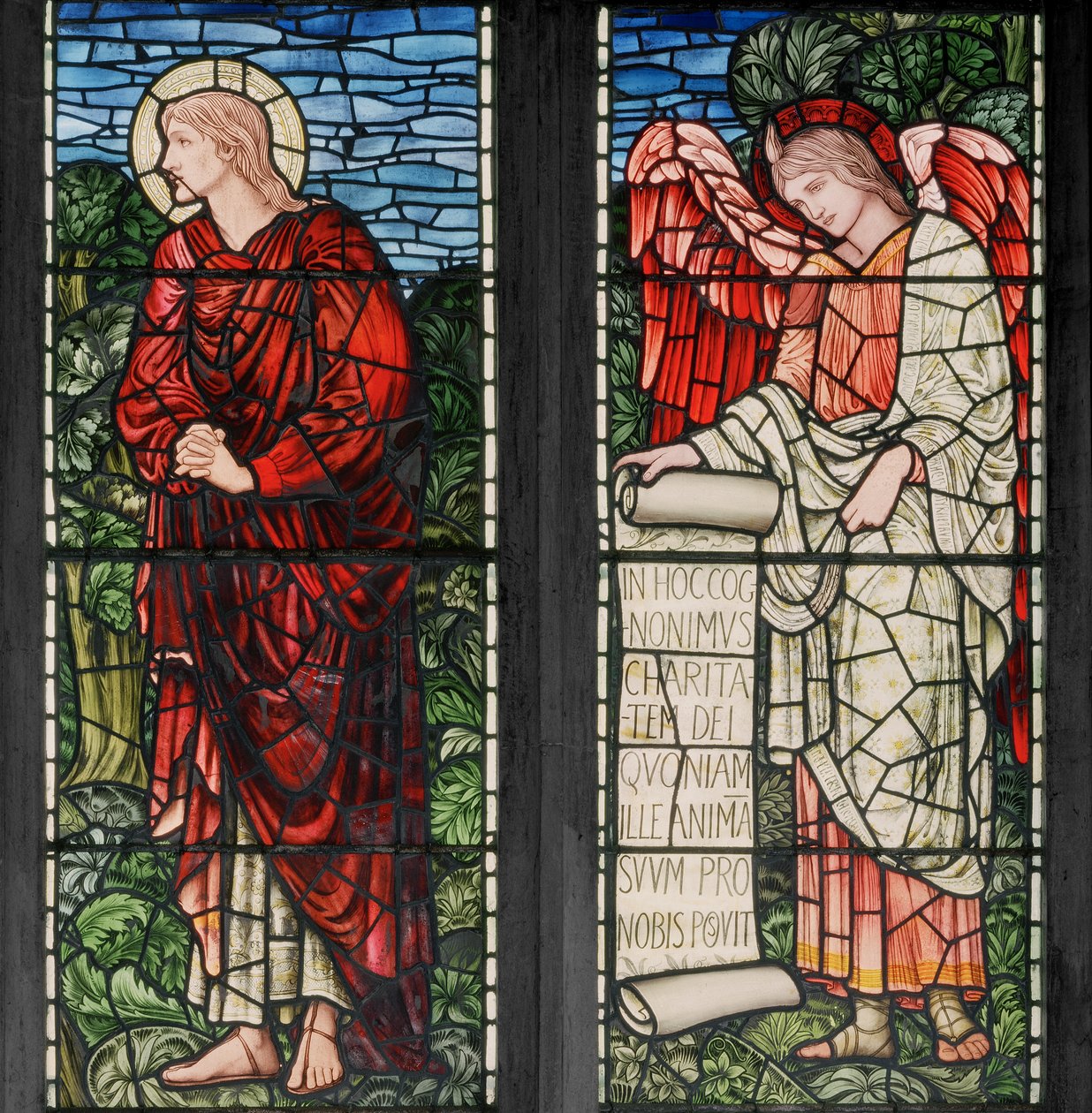 Birmingham, Acocks Green, Sainte Marie la Vierge, Morris & Co., Edward Burne-Jones, John Henry Dearle, Saint Jean et Ange avec un parchemin - Edward Coley and Dearle Burne Jones