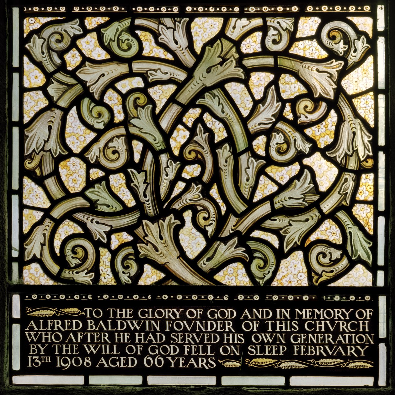 Wilden, All Saints, Morris & Co., Edward Burne-Jones, John Henry Dearle, Dedication to Alfred Baldwin from The Joshua window - Edward Coley and Dearle Burne Jones