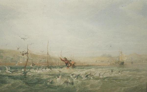 Pêcheurs chassant les mouettes des filets, Mumbles, Galles du Sud - Edward Duncan