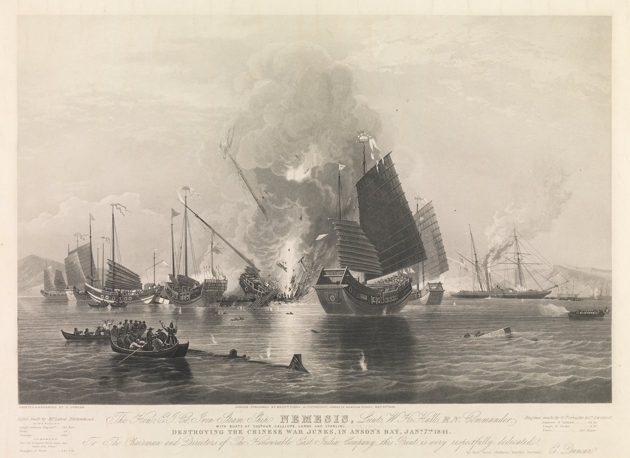 Le Hon. E.I. Co. Iron Steam Ship Nemesis, ... avec les bateaux de Sulphur, Calliope, Larne et Starling, détruisant les jonques de guerre chinoises, dans la baie d