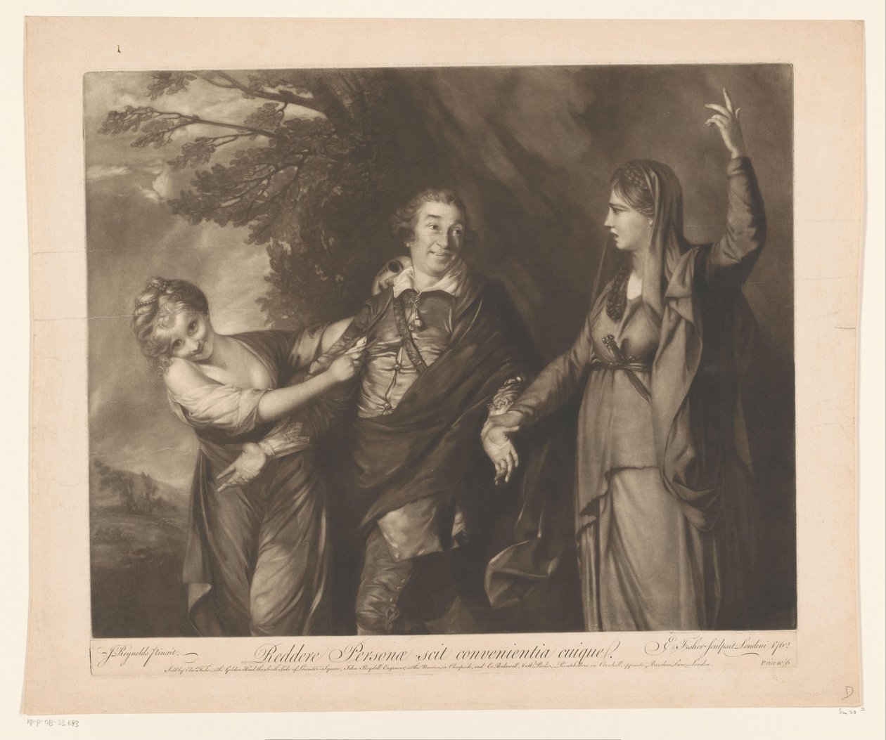 Portrait de David Garrick entre les personnifications de la comédie et de la tragédie Reddere Personae scit convenientia cuique - Edward Fisher