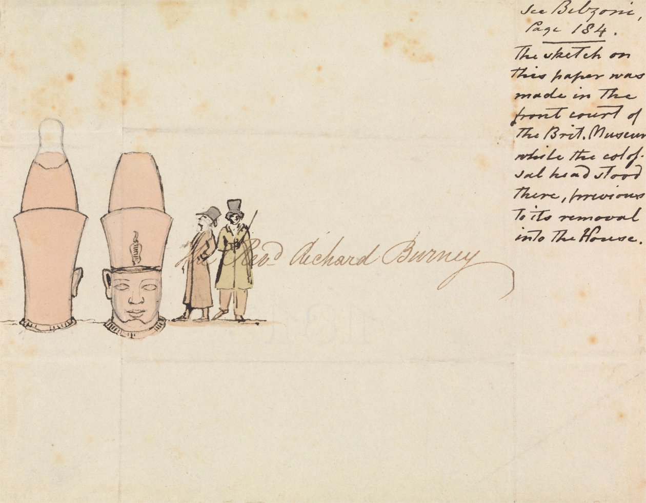Lettre au révérend Richard Burney avec dessin de tête colossale de la cour du British Museum - Edward Francis Burney