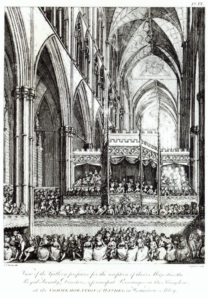 Vue de la galerie préparée pour la réception de leurs Majestés la famille royale, les directeurs et les principales personnalités du royaume à la commémoration de Haendel à l