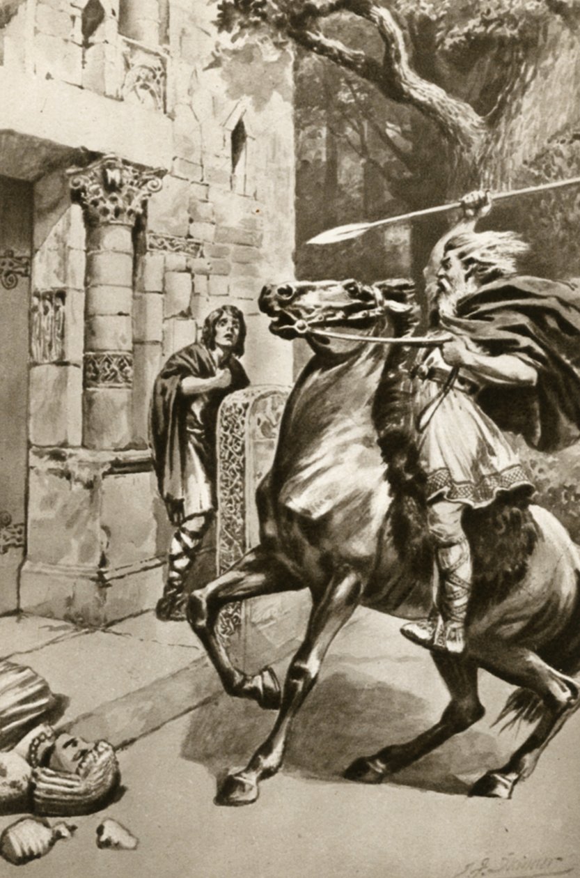 Le grand prêtre Coifi remontant Goodmanham Lane pour écraser les idoles, illustration tirée de "Little Treasure Island" d