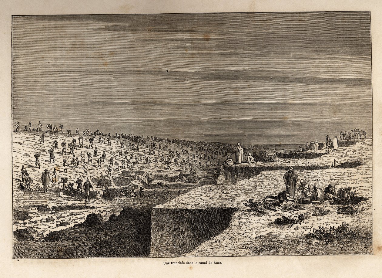Une tranchée dans le canal de Suez, dessin par Grenet, pour illustrer une excursion au canal de Suez en 1862 par Paul Merruau. Gravure dans « Le tour du monde », édité par Edouard Charton - Edward Grenet